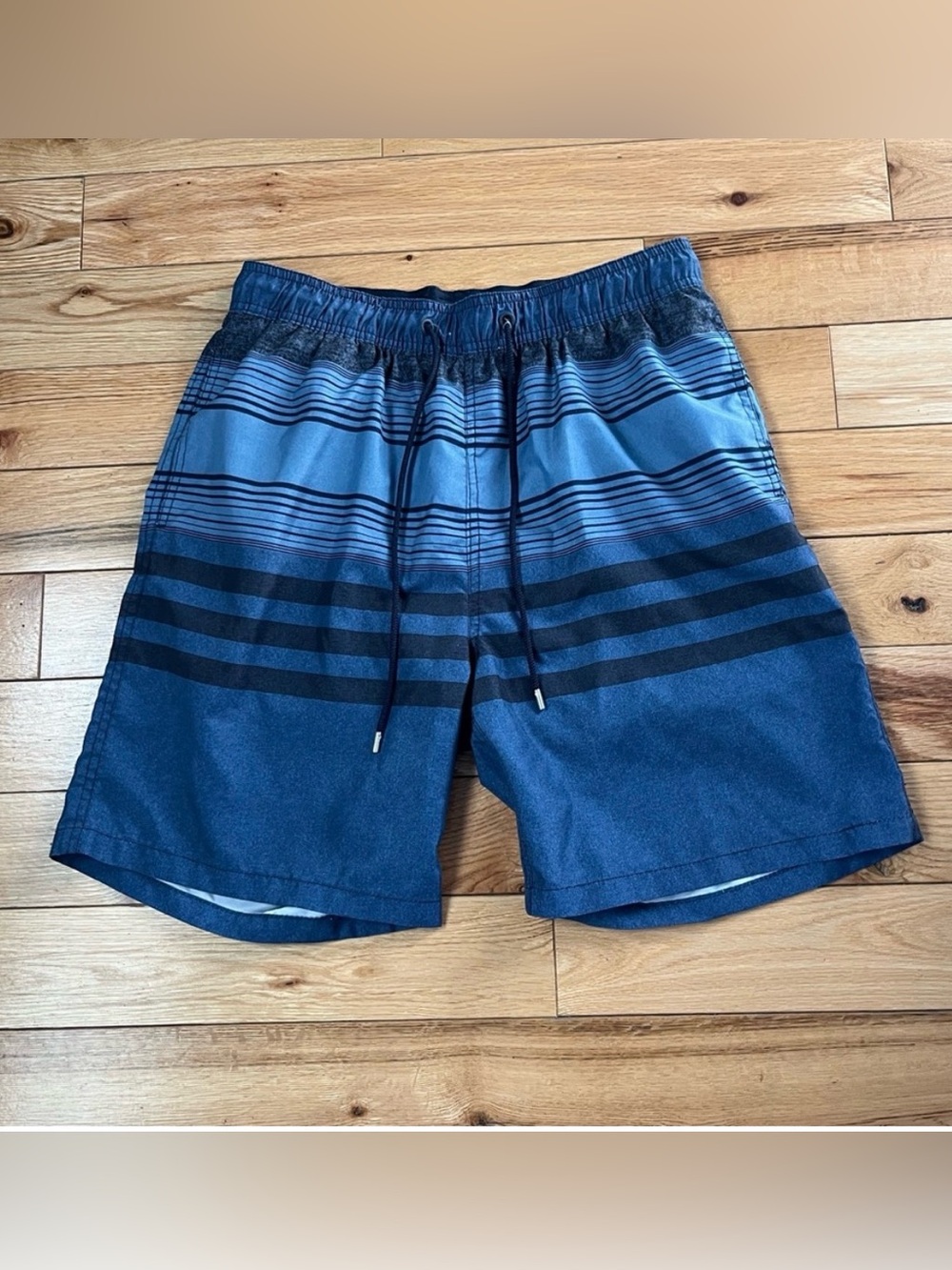 Kirkland Signature Navy and Light Blue Striped Swim Trunks